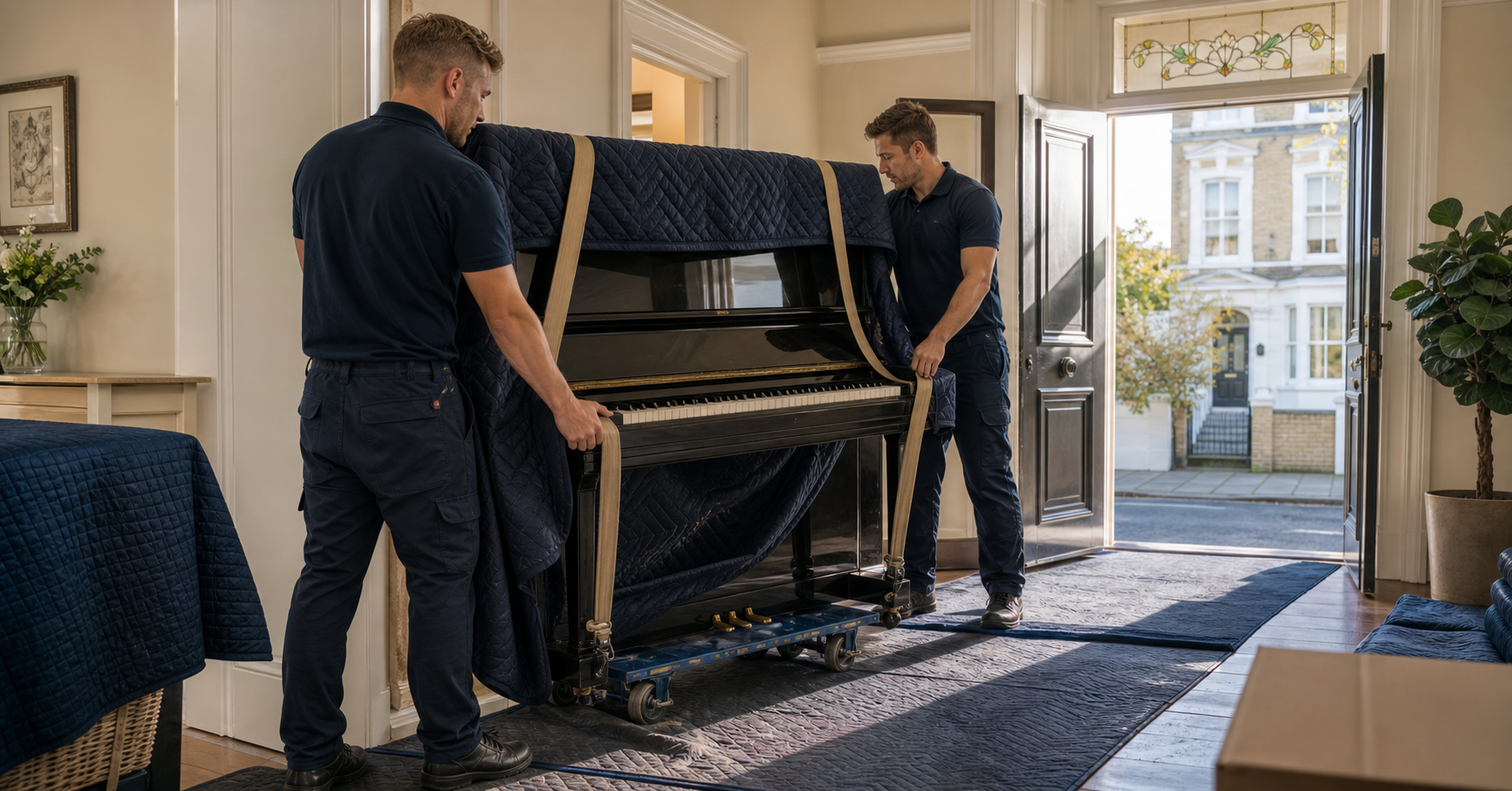Professional movers carefully moving a protected upright piano